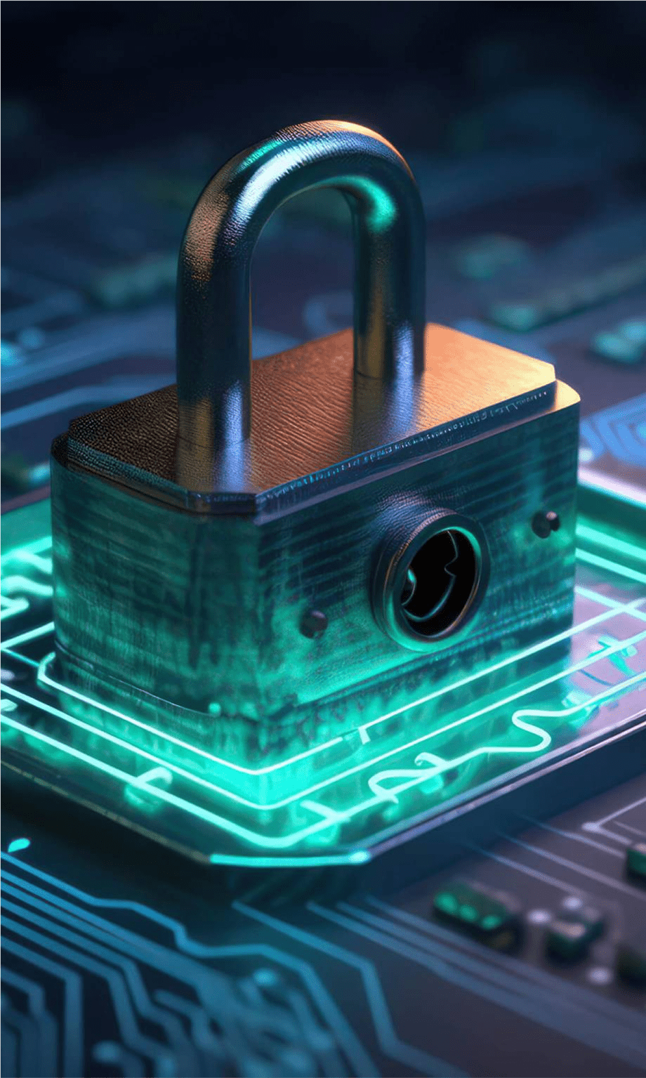 Digital padlock on glowing circuit board